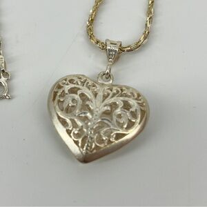 Vintage Sterling Silver Heart Pendant Filigree Diamond Cut Necklace 13" Italy